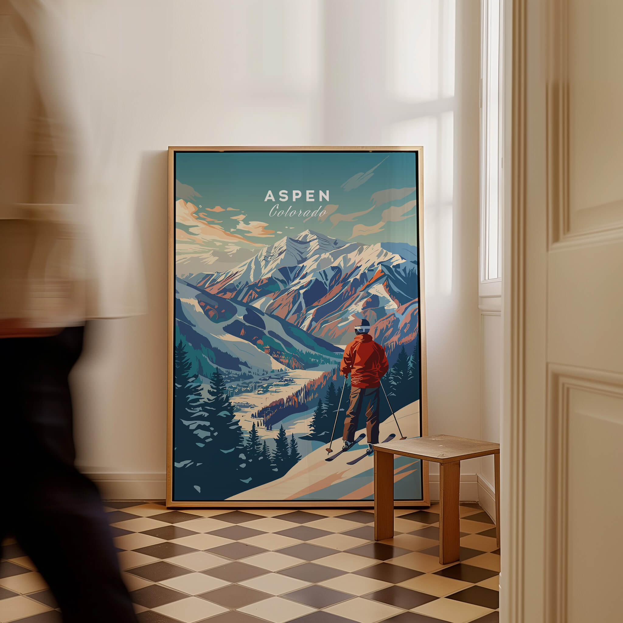 Aspen Ski Poster showcasing stunning mountain scenery and skier in a cozy home setting.