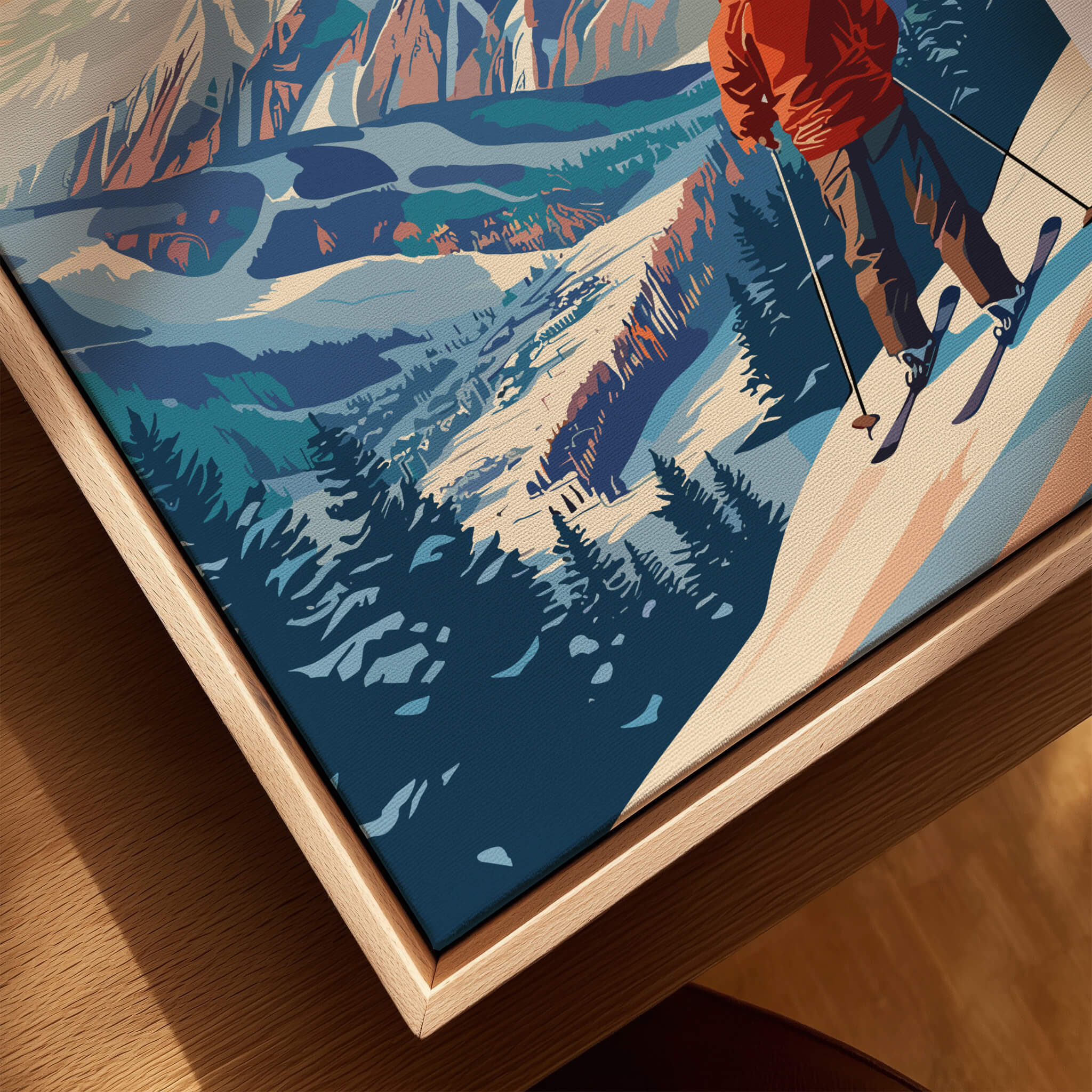 Aspen Ski Poster depicting a skier on snowy slopes surrounded by mountains and forests, perfect winter wall art.