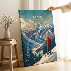 Aspen Ski Poster featuring a skier in the mountains, capturing the essence of winter sports in Aspen, Colorado.