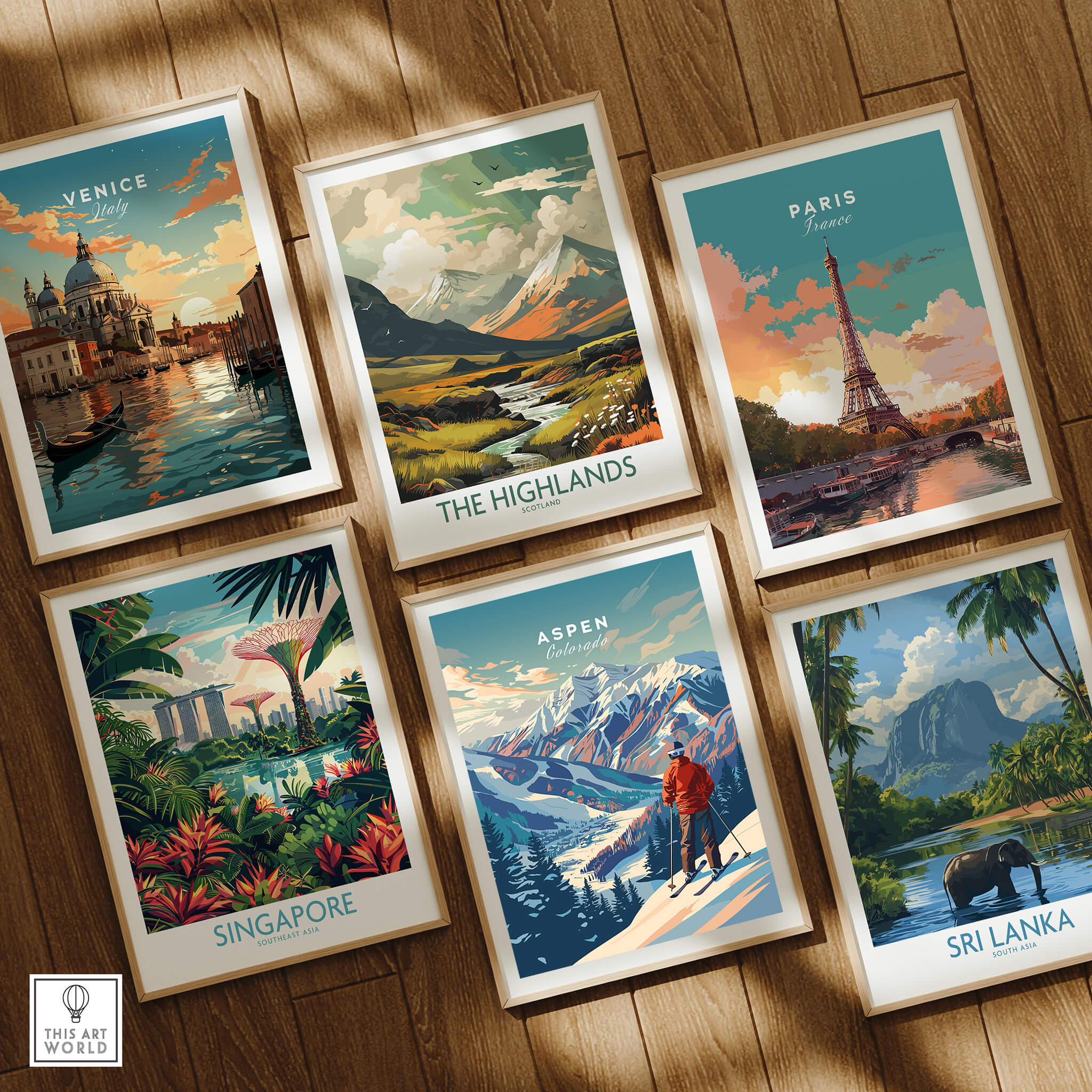 Aspen Ski Poster and travel art showcasing iconic destinations like Venice, Paris, Singapore, The Highlands, and Sri Lanka.