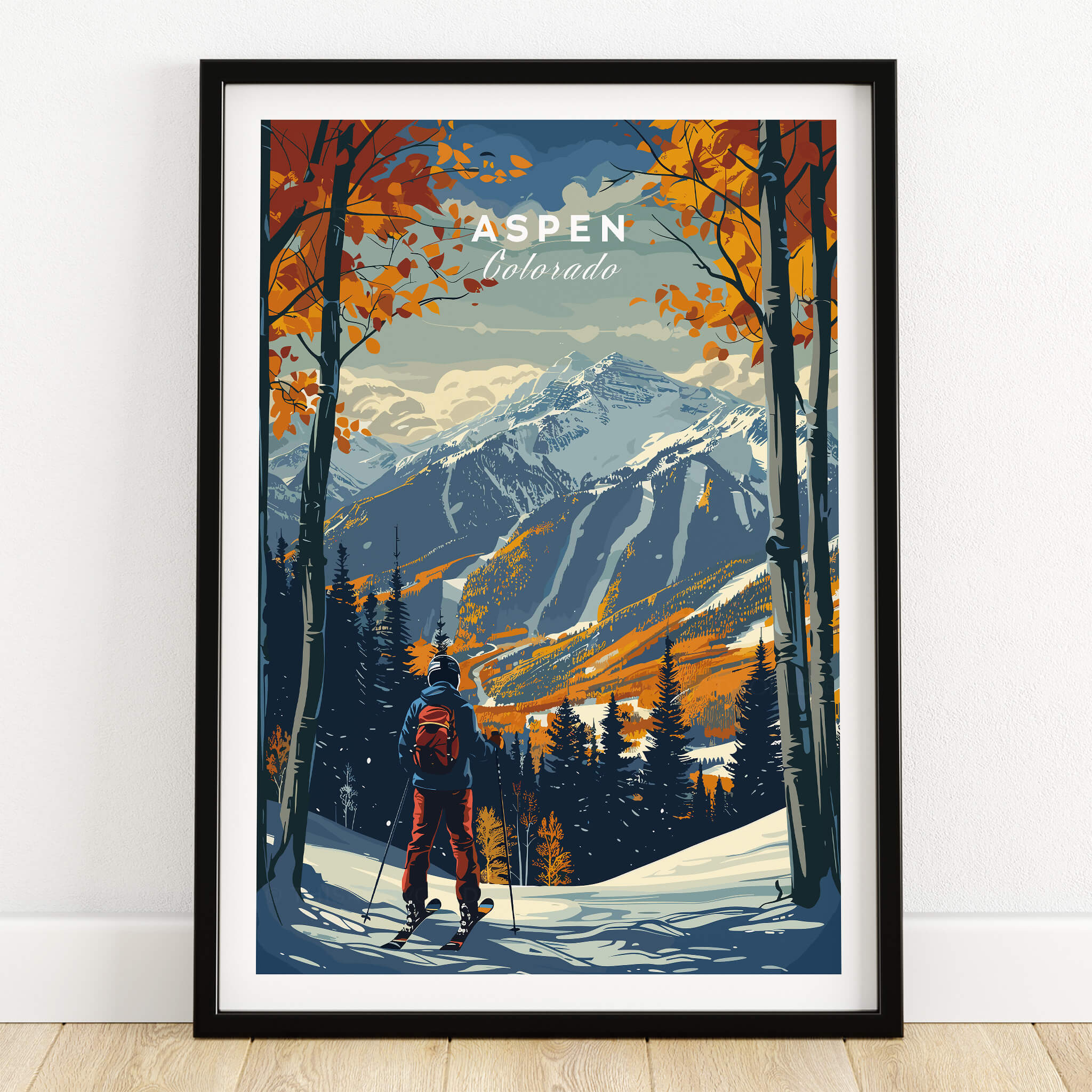Aspen Print Ski Poster showcasing a snowy mountain landscape with vibrant autumn colors and skier, perfect for home decor.