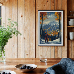 Aspen Print Ski Poster featuring vibrant mountain scenery in a cozy home setting with rustic wooden walls.