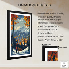 Aspen Print Ski Poster displayed in a handmade wooden frame with vibrant mountain scenery and clear plexiglass glaze.