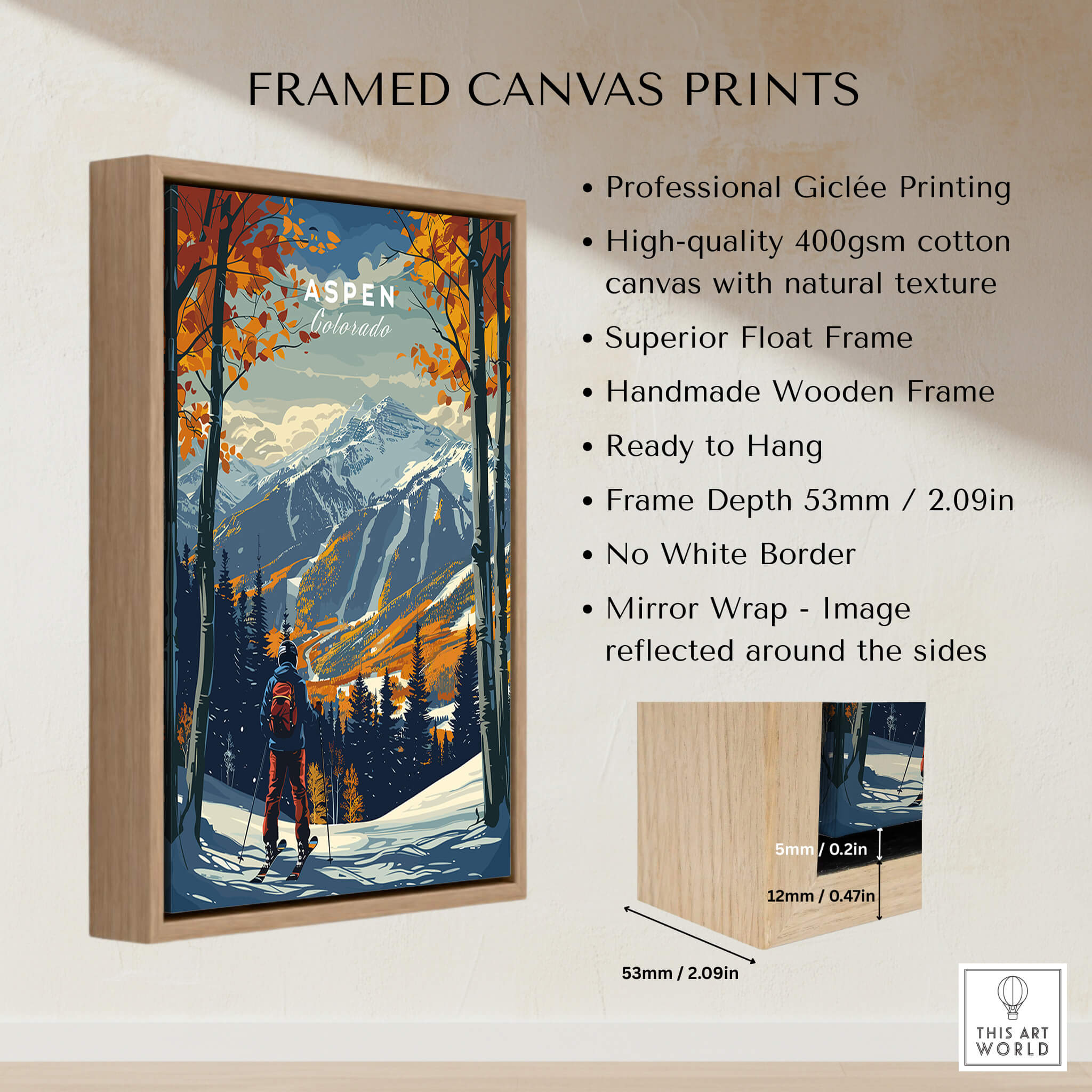 Aspen Print Ski Poster framed canvas print featuring vibrant mountain scenery and handmade wooden frame.