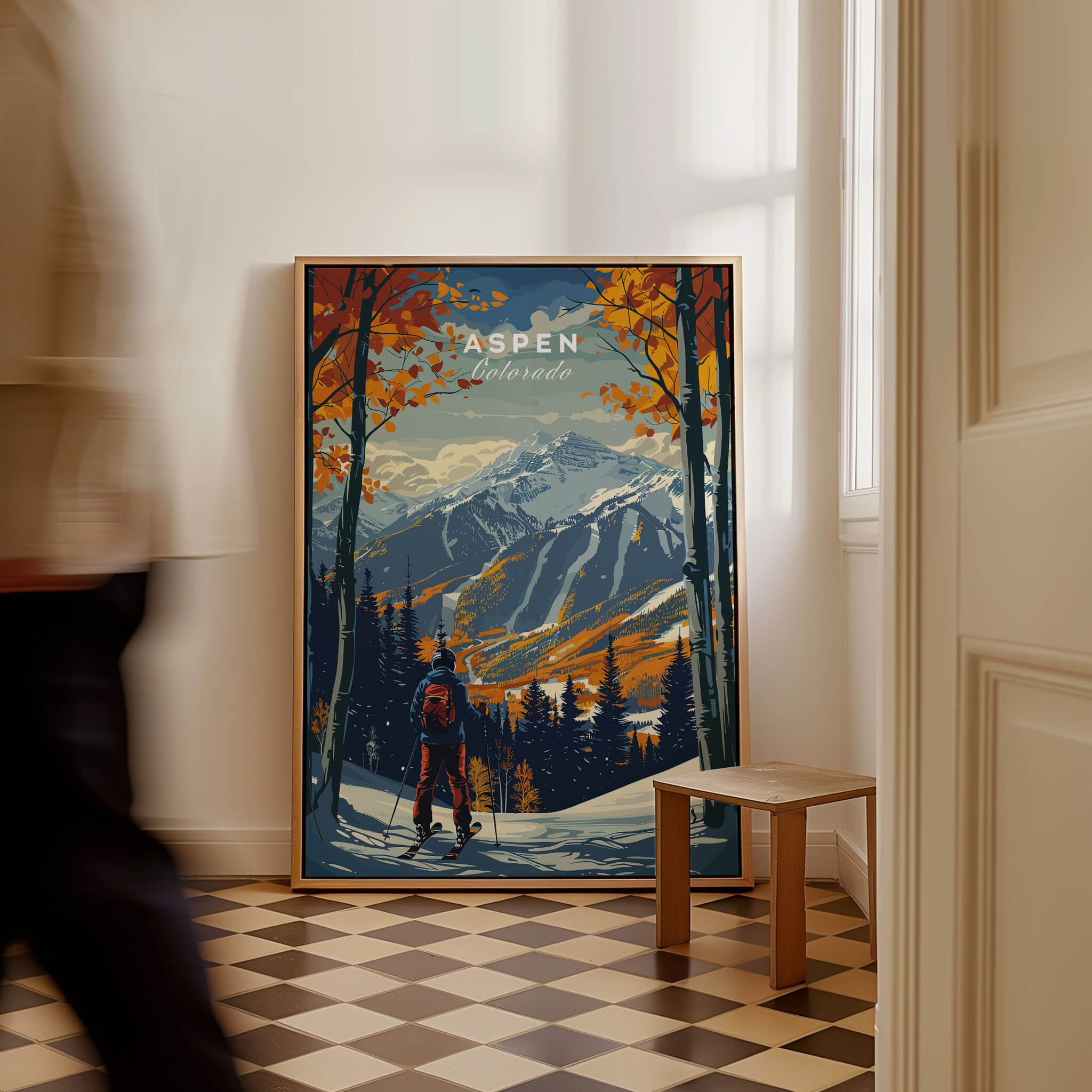 Aspen Print Ski Poster featuring vibrant autumn colors and stunning mountain scenery in a cozy interior setting.