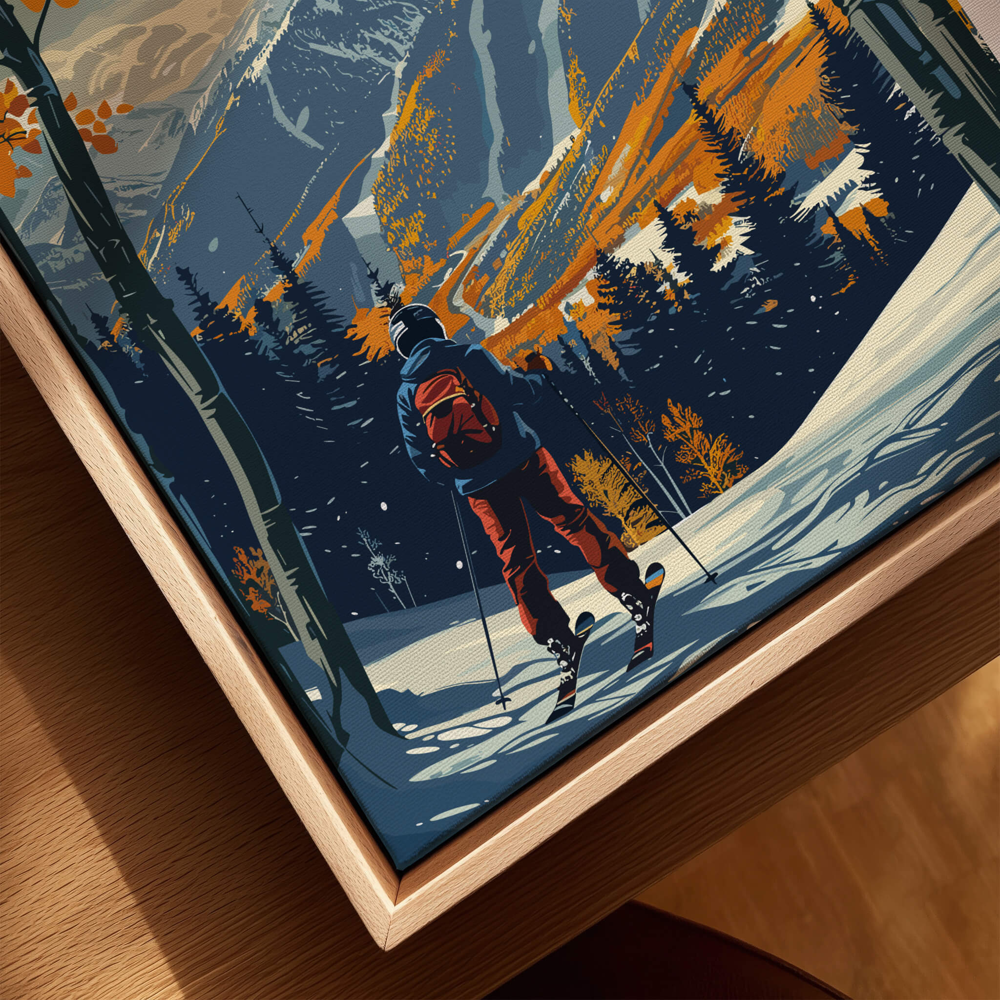 Aspen Print Ski Poster showcasing a skier on snowy slopes with mountains and trees in the background.