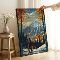 Aspen Print Ski Poster showcasing vibrant colors and majestic Aspen mountains, ideal for ski enthusiasts and home decor.