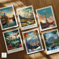 Aspen Print Ski Poster and other travel-themed prints displayed in stylish frames.