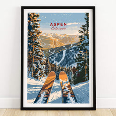 Aspen Print Colorado ski poster featuring snowy mountains and skis in a beautiful outdoor landscape.