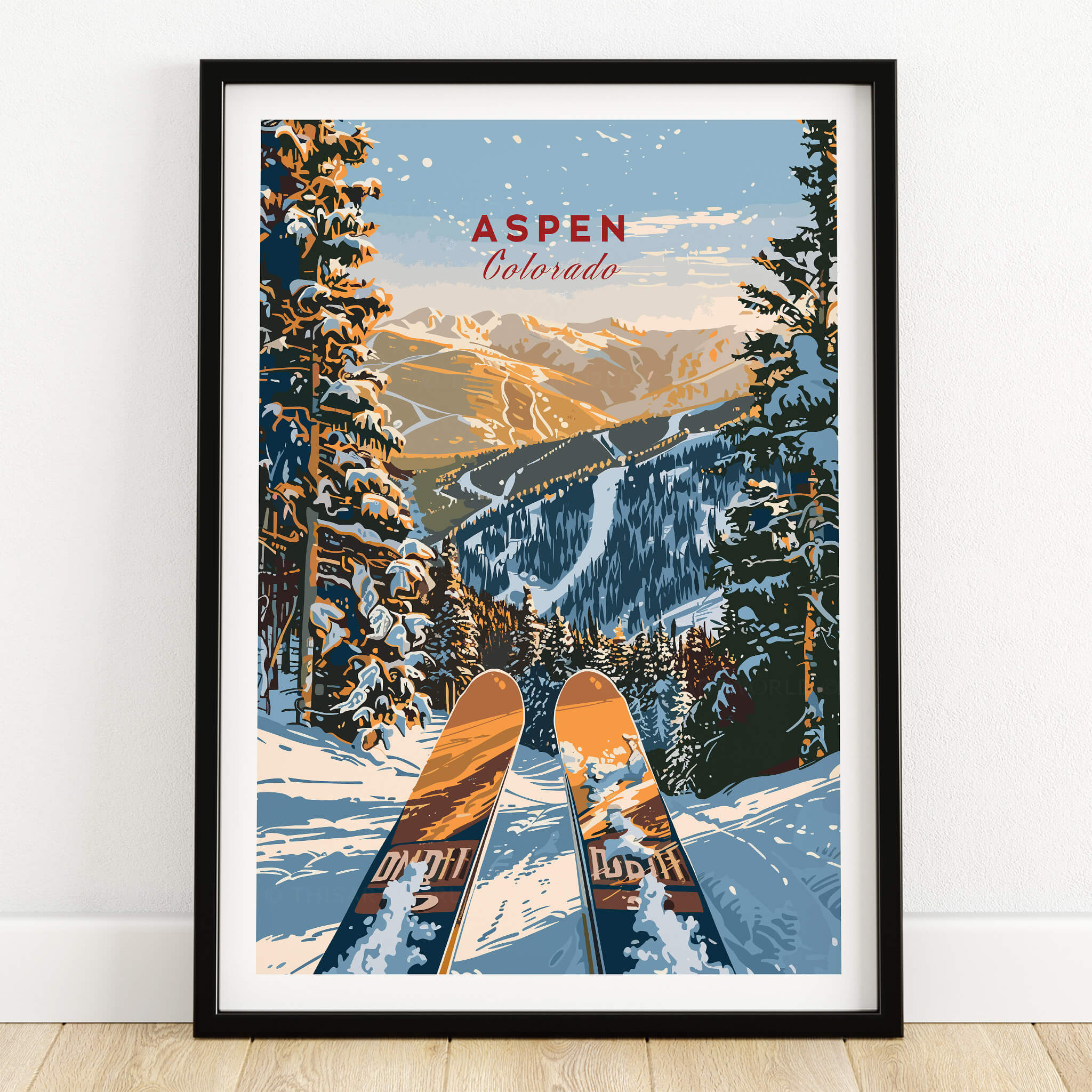 Aspen Print Colorado ski poster featuring snowy mountains and skis in a beautiful outdoor landscape.