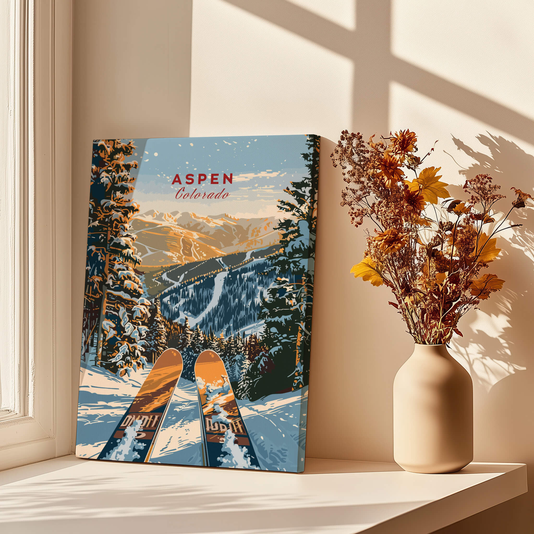 Aspen Print Colorado showcasing a ski scene with mountains and snow, perfect wall art for outdoor enthusiasts.