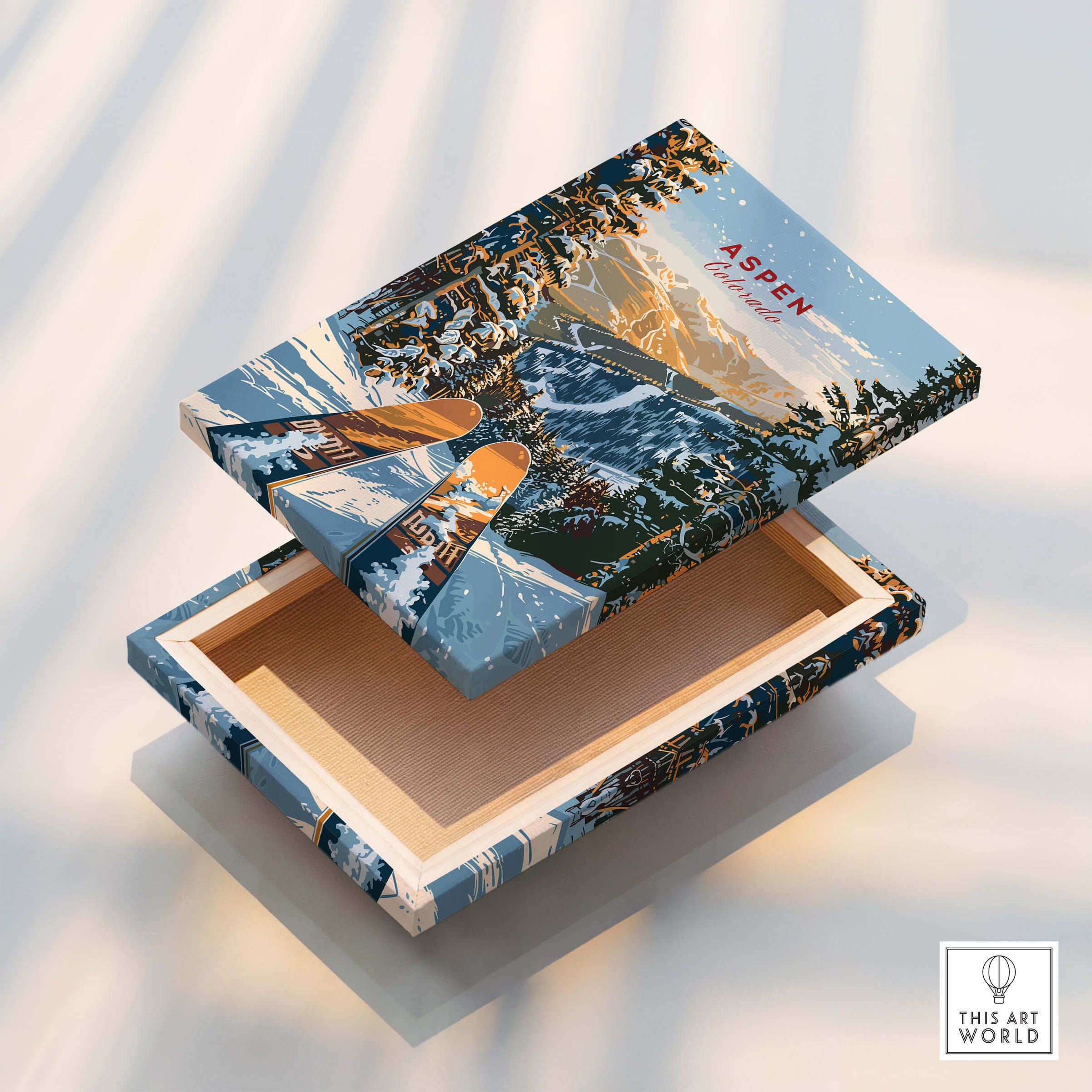 Aspen Print Colorado ski poster box showcasing the breathtaking beauty of Aspen, Colorado.