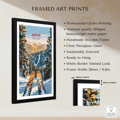 Aspen Print Colorado framed art print showcasing skiing in Aspen, Colorado with a beautiful mountain backdrop.