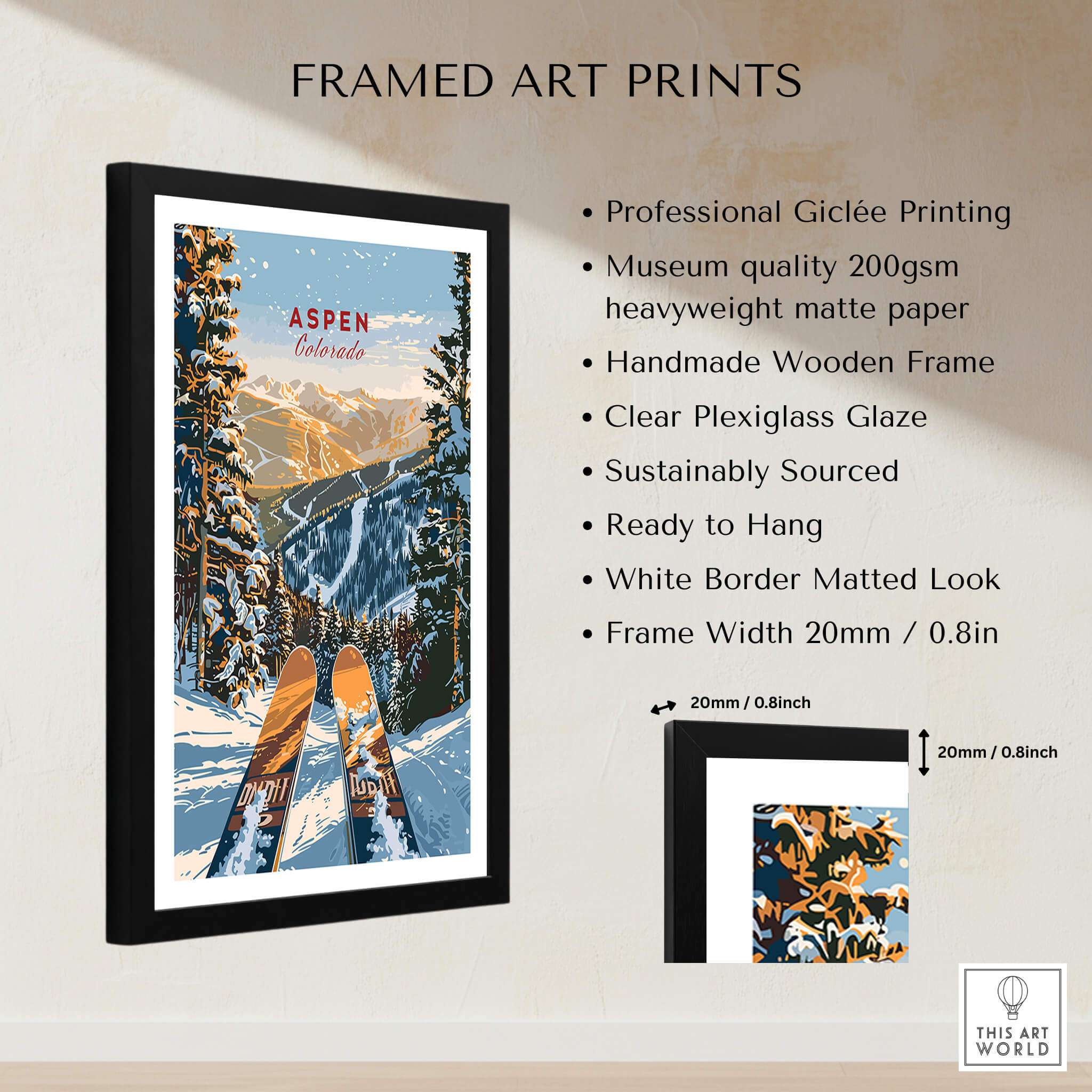 Aspen Print Colorado framed art print showcasing skiing in Aspen, Colorado with a beautiful mountain backdrop.