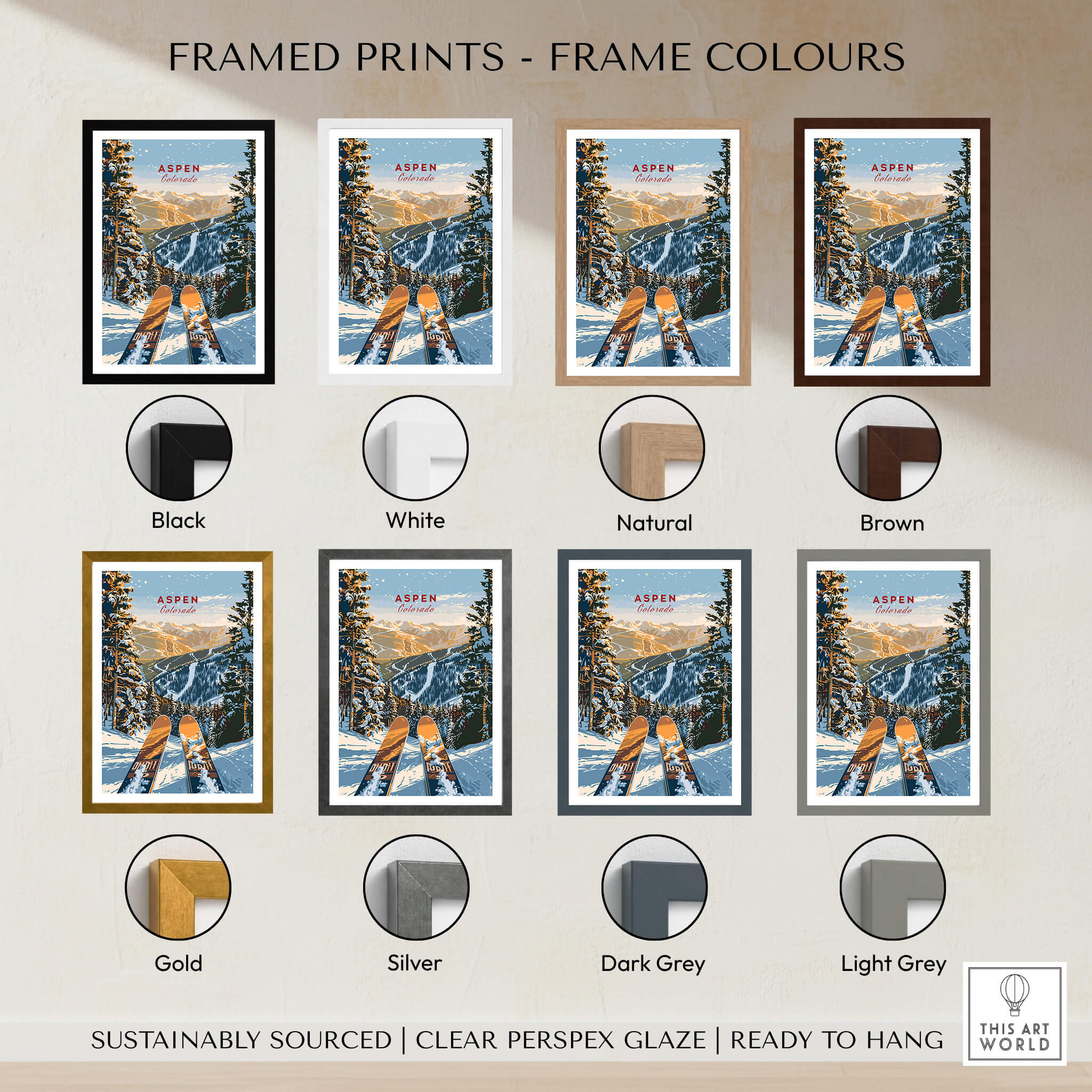 Aspen Print Colorado framed print options in various colors including black, white, natural, and brown.