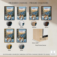 Framed canvas options for Aspen Print Colorado showcasing multiple frame colors including black, white, natural, brown, gold, and silver.