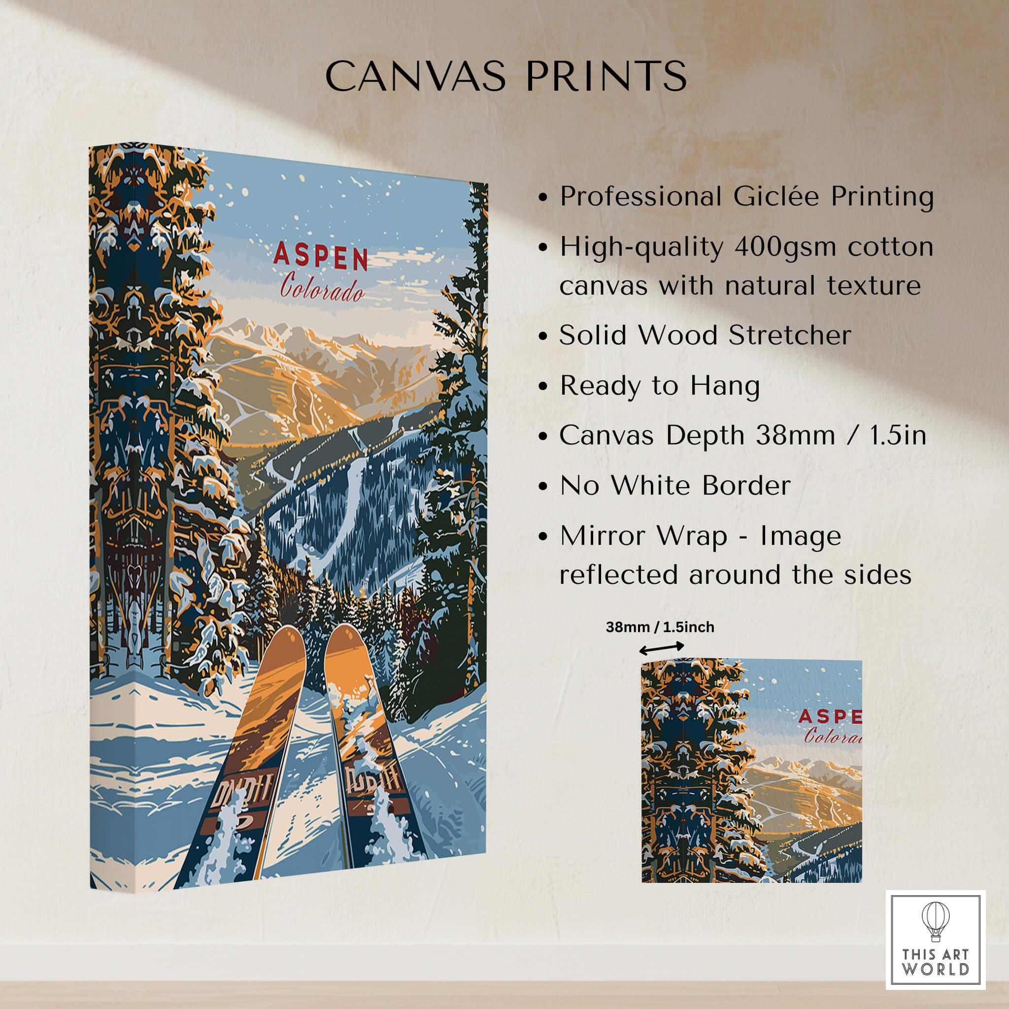 Aspen Print Colorado - Beautiful canvas print featuring skiing in Aspen, Colorado, perfect for outdoor enthusiasts.