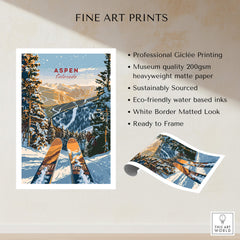 Aspen Print Colorado ski poster featuring majestic mountains and vibrant trees, perfect for home or cabin decor.