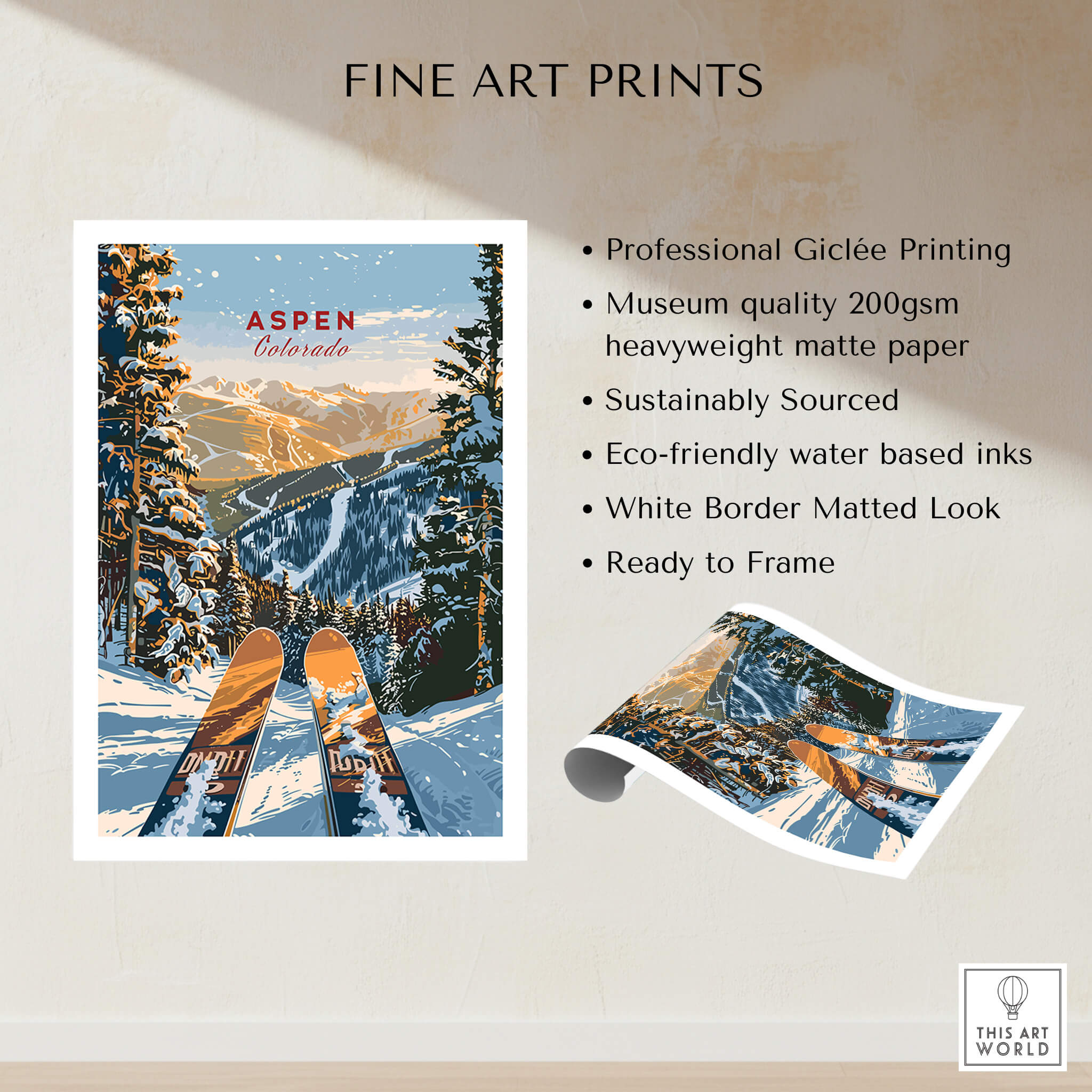 Aspen Print Colorado ski poster featuring majestic mountains and vibrant trees, perfect for home or cabin decor.