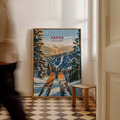 Aspen Print Colorado ski poster showcasing the beautiful snowy landscape of Aspen, Colorado in a stylish home interior.