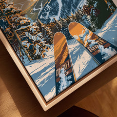 Aspen Print Colorado ski poster featuring skis in snow with forest and mountains in the background.