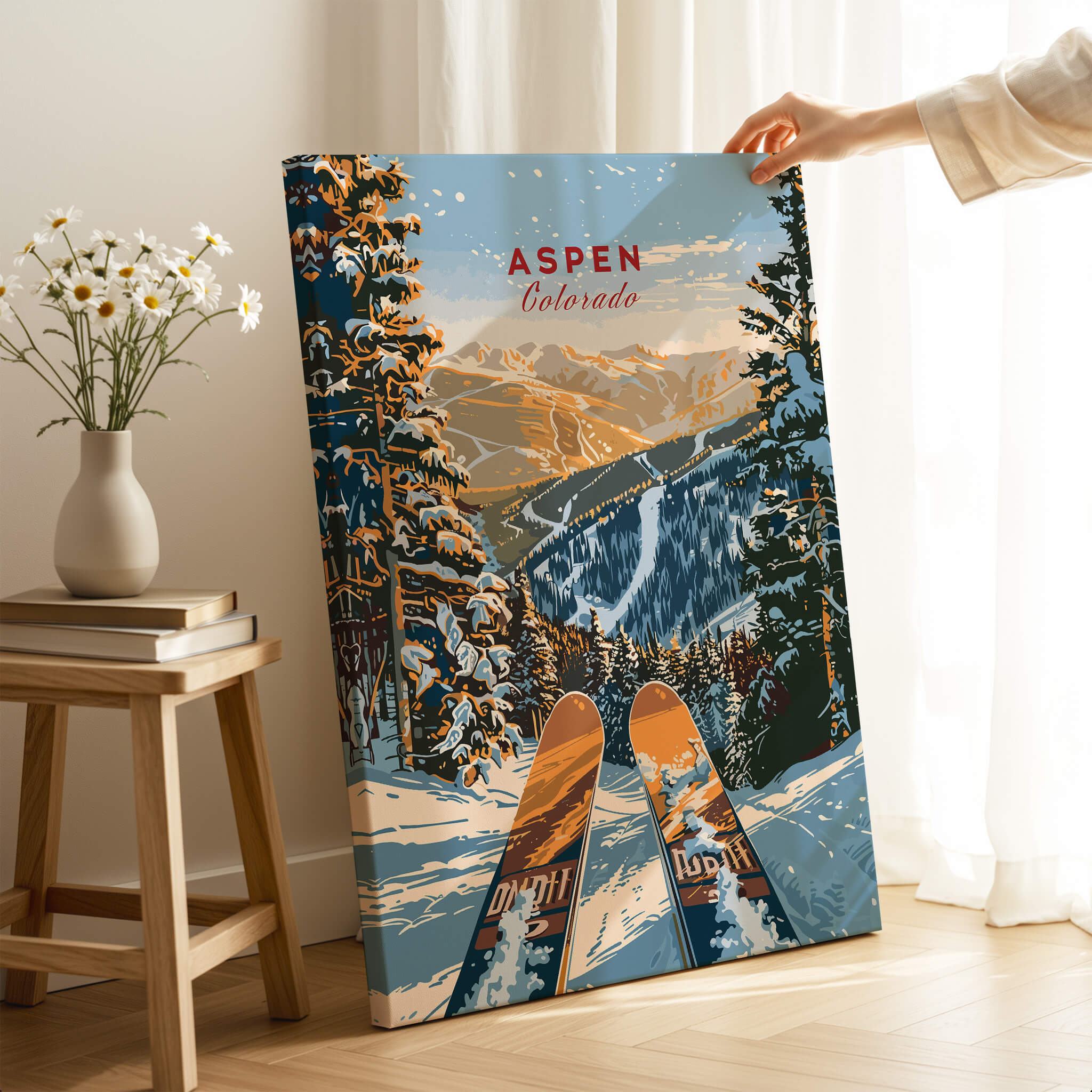 Aspen Print Colorado ski poster showcasing the snowy mountains and winter landscape of Aspen, Colorado.