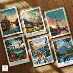 Aspen Print Colorado ski poster among travel artworks of Venice, Paris, Singapore, the Highlands, and Sri Lanka.