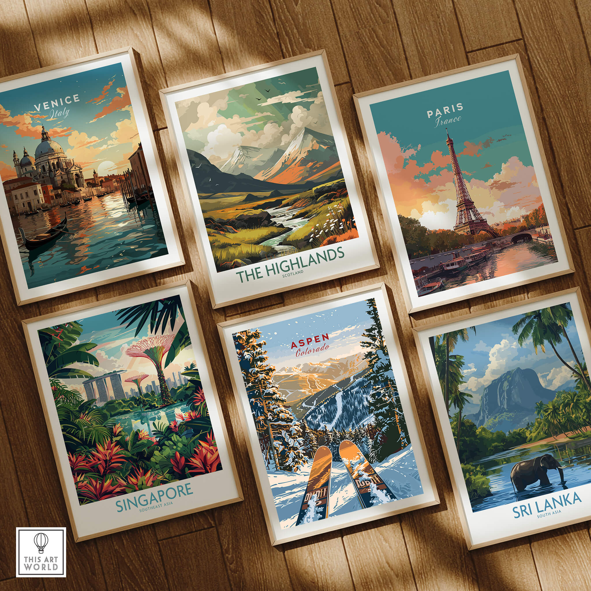 Aspen Print Colorado ski poster among travel artworks of Venice, Paris, Singapore, the Highlands, and Sri Lanka.