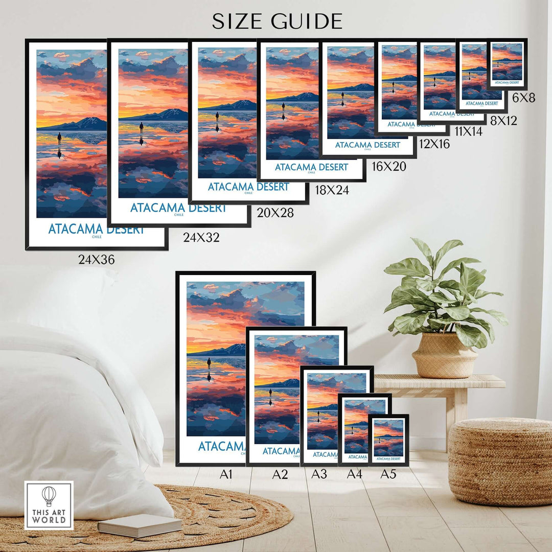 Atacama Desert art print size guide showcasing various frame sizes and a sunset scene for room decor.