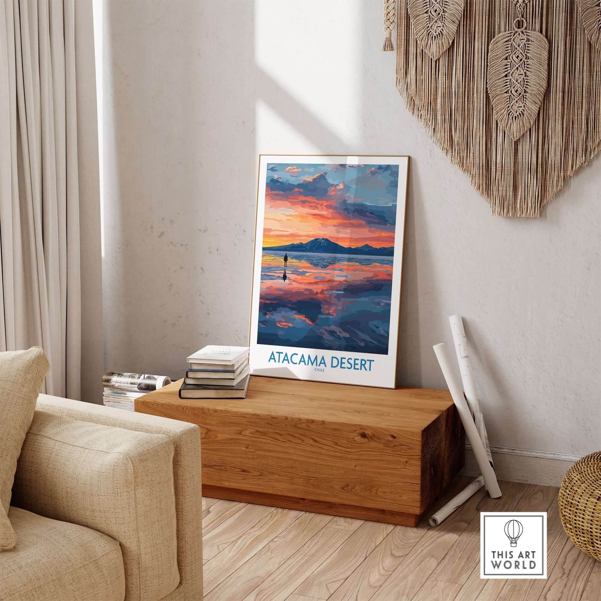 Atacama Desert Art Print - Sunset Scene displayed in a cozy room setting with vibrant colors and peaceful atmosphere.