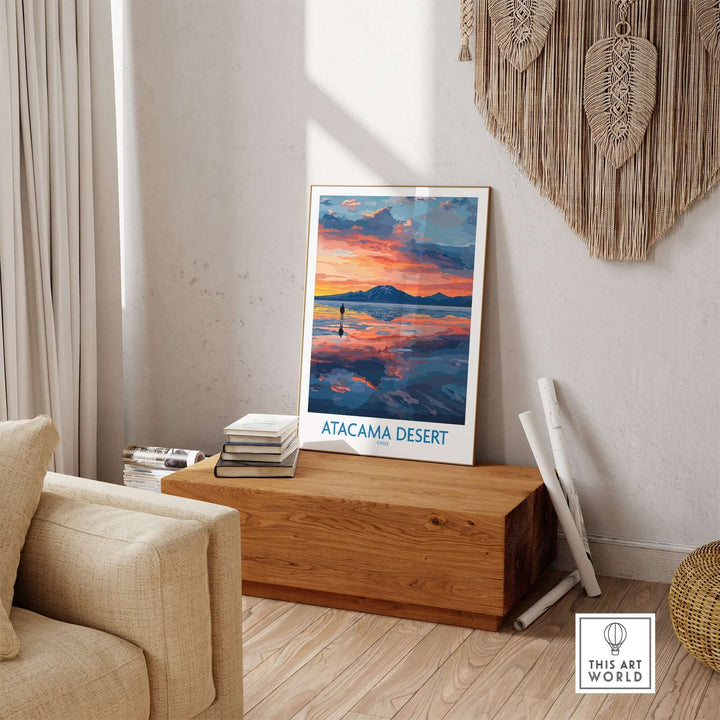 Atacama Desert art print showcasing a vibrant sunset scene, displayed in a stylish living room setting.