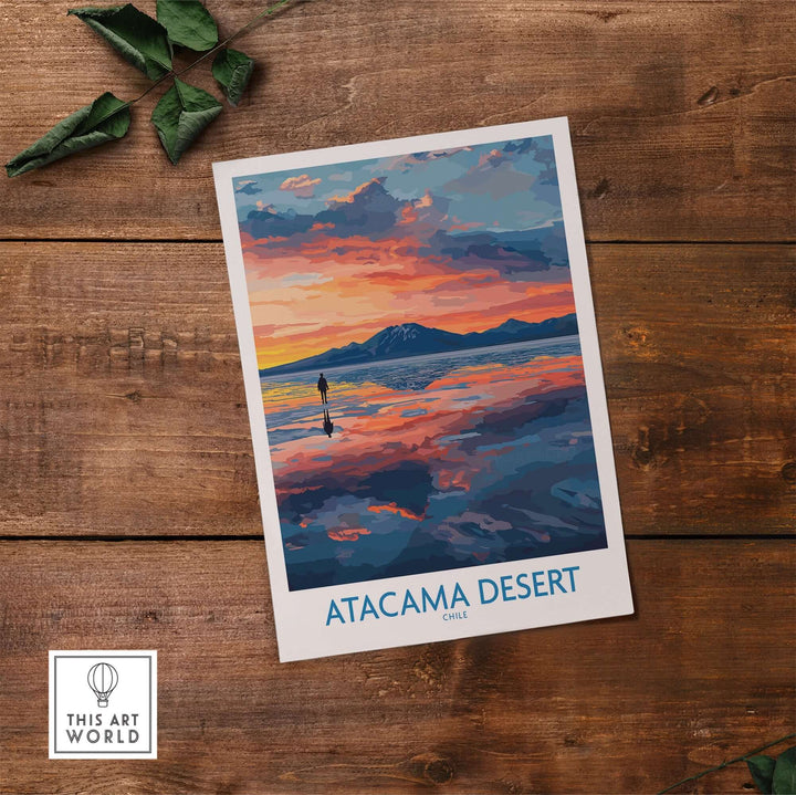 Atacama Desert art print showcasing a vibrant sunset scene reflecting on water, perfect for home decor.