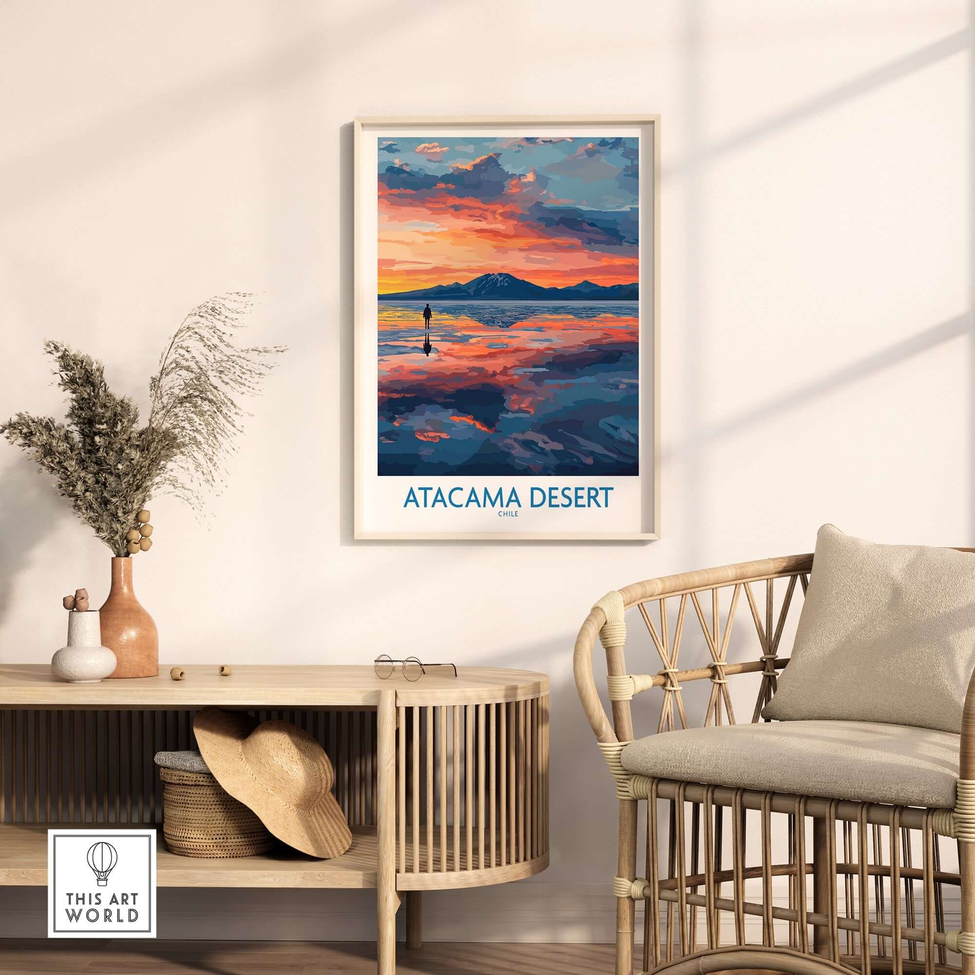 Atacama Desert Art Print - Sunset Scene displayed in a chic living room with natural decor.