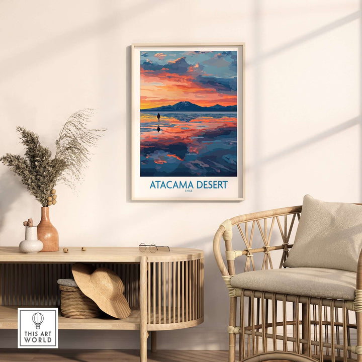 Atacama Desert art print featuring a vibrant sunset scene displayed in a modern living room setting.