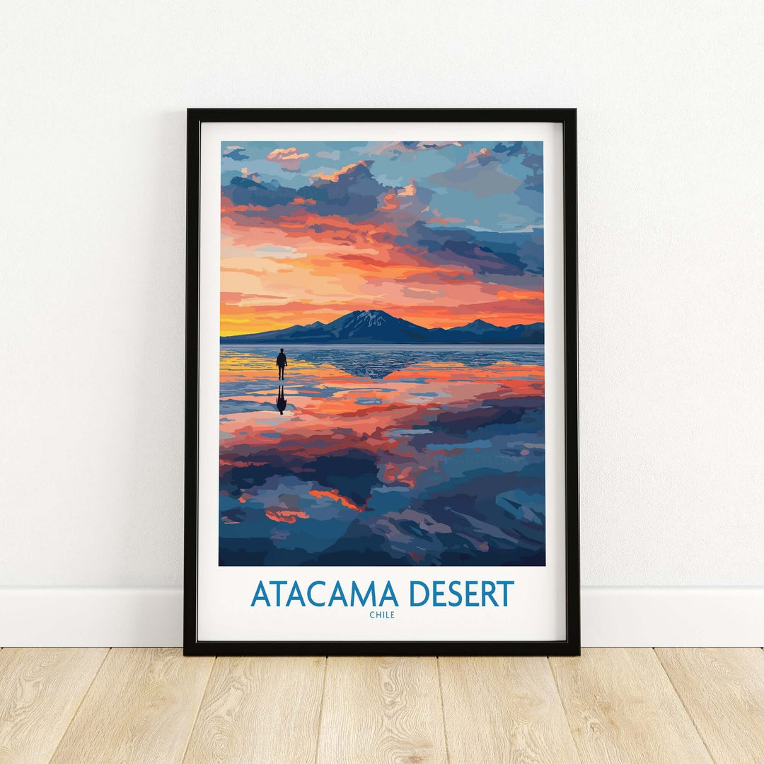 Atacama Desert art print showcasing a vibrant sunset scene over the desert landscape, perfect for home decor.