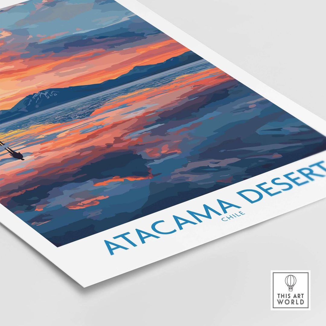 Atacama Desert art print showcasing a vibrant sunset scene over the mountains, perfect for home decor.