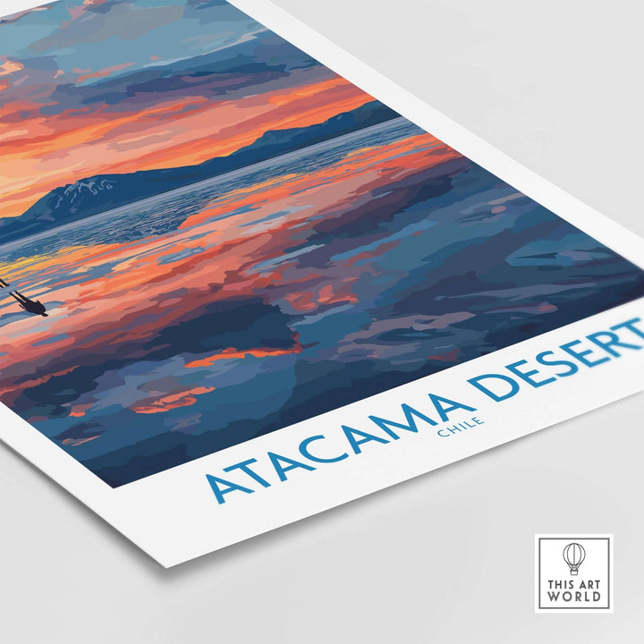 Atacama Desert art print showcasing a vibrant sunset scene over the mountains, perfect for home decor.