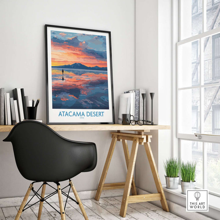 Atacama Desert art print featuring a vibrant sunset, displayed in a stylish home office setting.