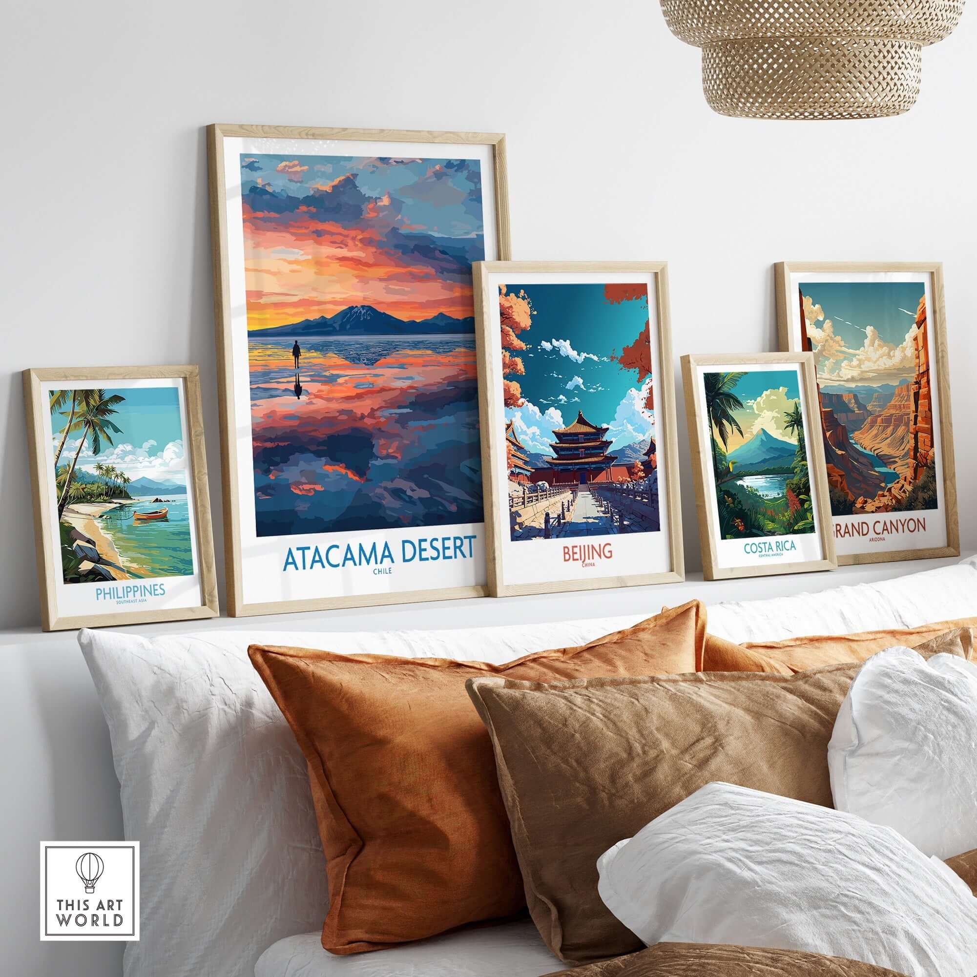 Atacama Desert Art Print - Sunset Scene displayed among various travel art prints on a stylish wall.