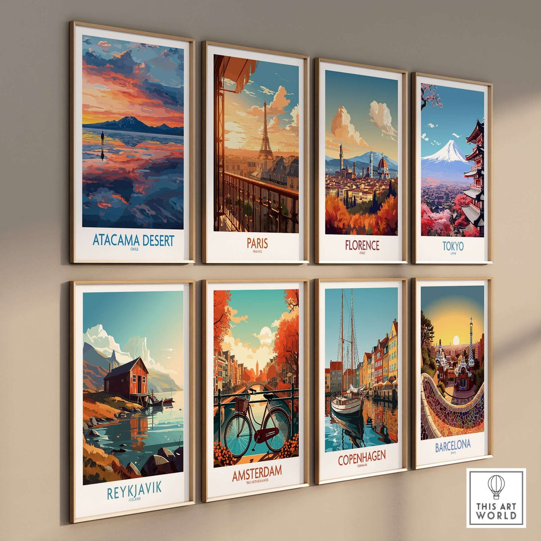 Collection of travel art prints featuring Atacama Desert, Paris, Florence, Tokyo, Reykjavik, Amsterdam, Copenhagen, and Barcelona.