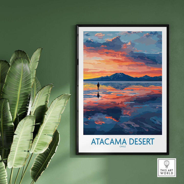 Atacama Desert art print showcasing a vibrant sunset scene with reflections, perfect for home decor inspiration.