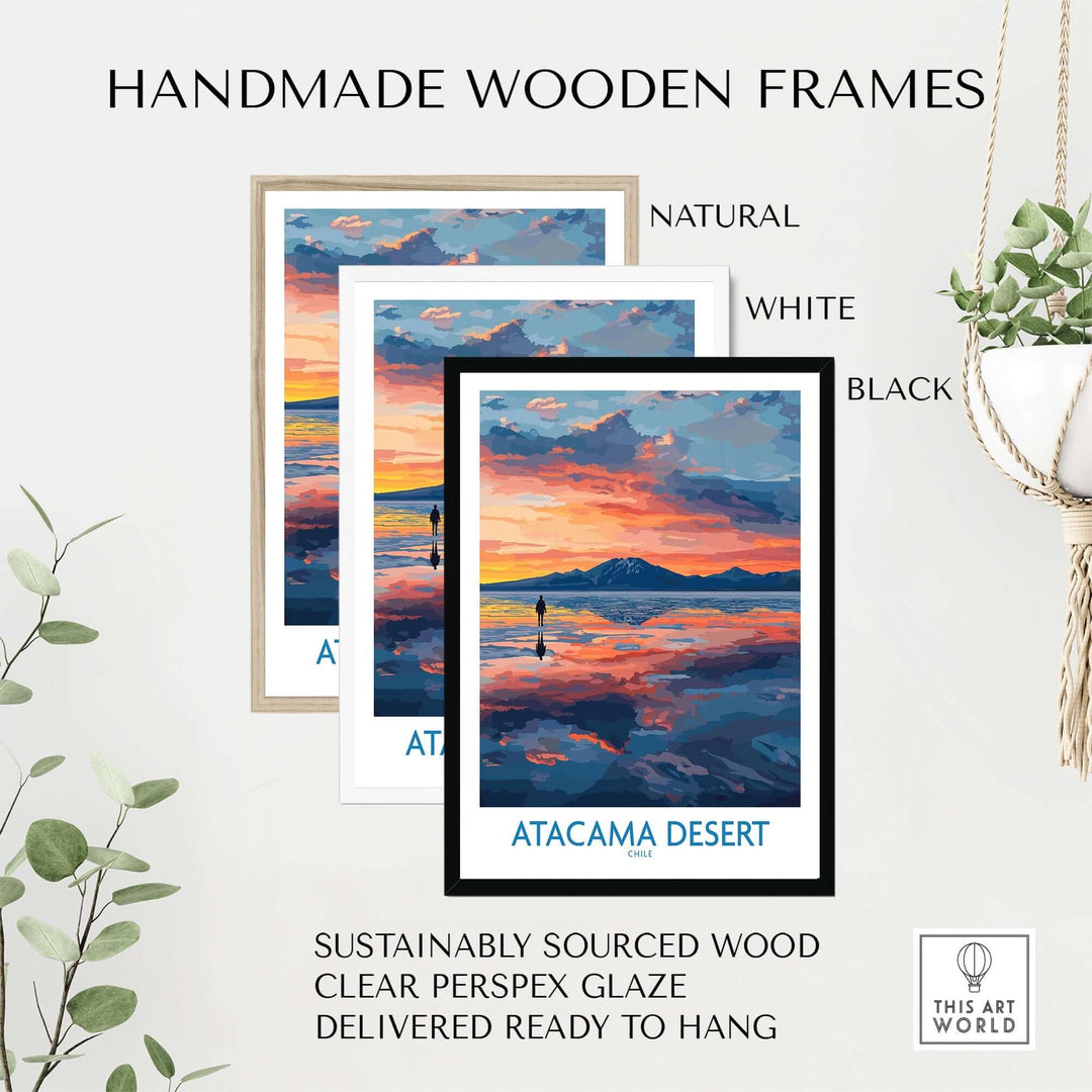 Handmade wooden frames for Atacama Desert art print in natural, white, and black options, featuring stunning sunset scene.