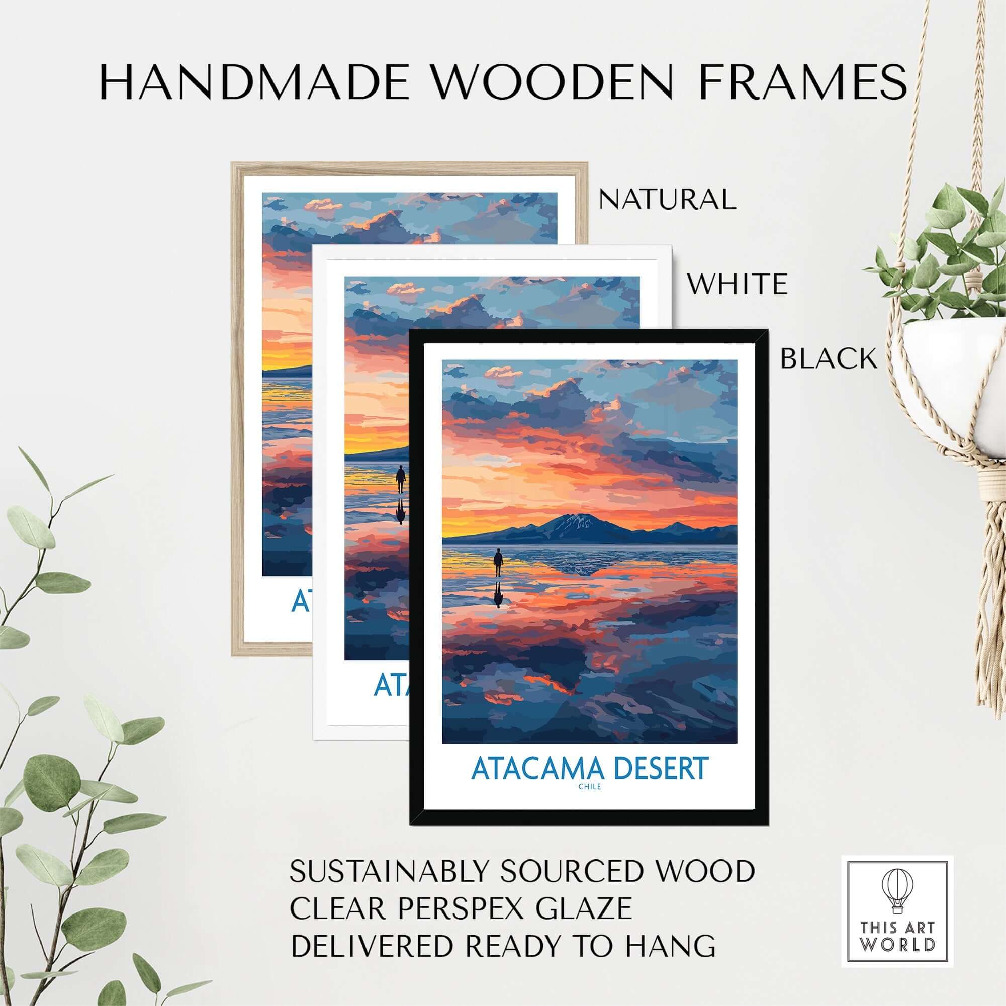 Handmade wooden frames featuring Atacama Desert Art Print - Sunset Scene in natural, white, and black colors.