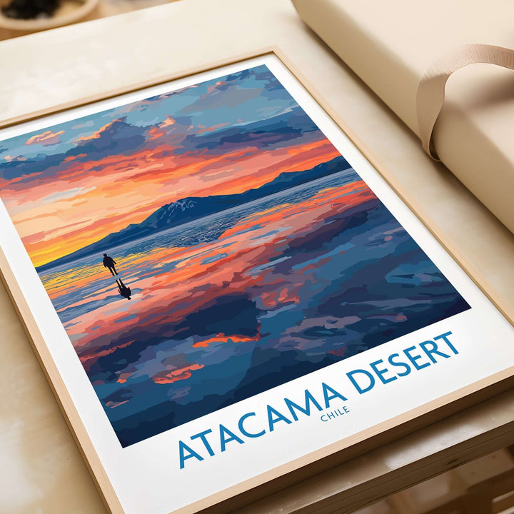 Atacama Desert art print showcasing a vibrant sunset scene with a figure silhouetted against colorful skies.