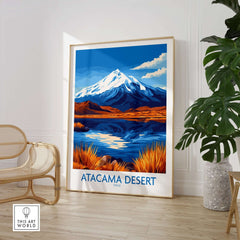 Atacama Desert Chile Travel Poster showcasing stunning landscapes with mountains and vibrant colors.