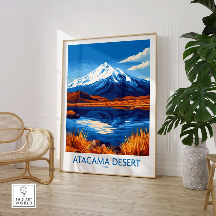 Atacama Desert travel poster showcasing vibrant mountain and lake scenery in a stylish interior setting.