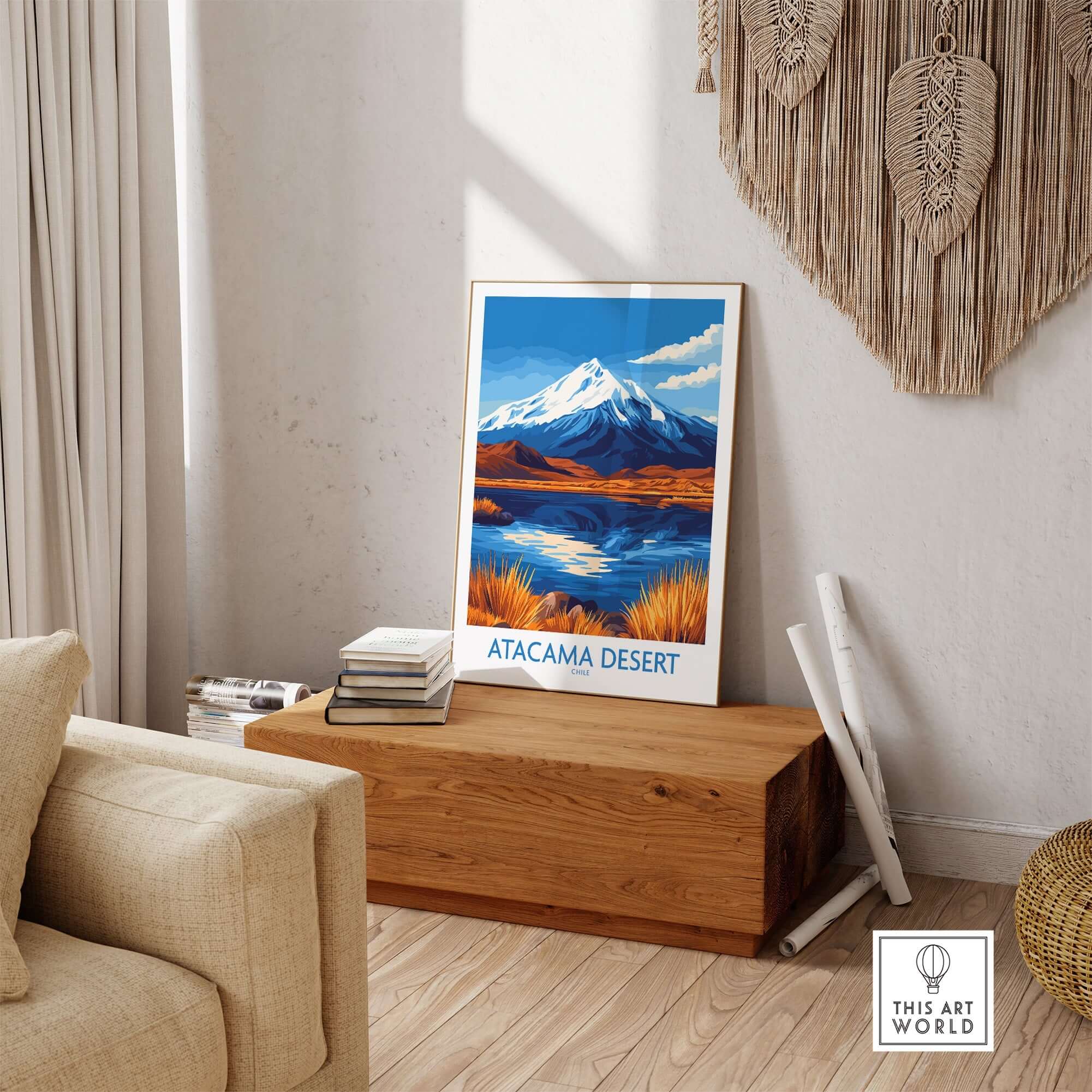 Atacama Desert Chile Travel Poster displayed in a cozy living room setting with mountain and lake scenery.