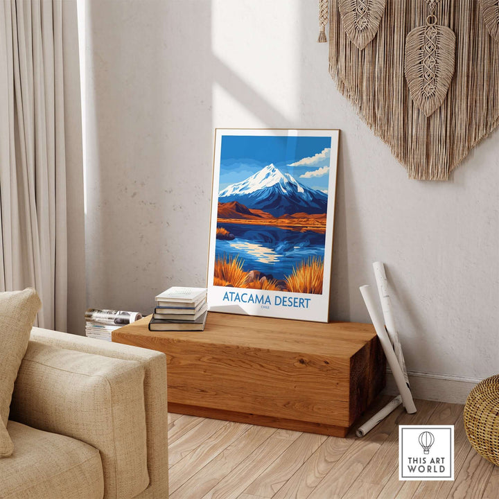 Atacama Desert travel poster displayed in a cozy living room setting, highlighting Chile's stunning landscape and vibrant culture.