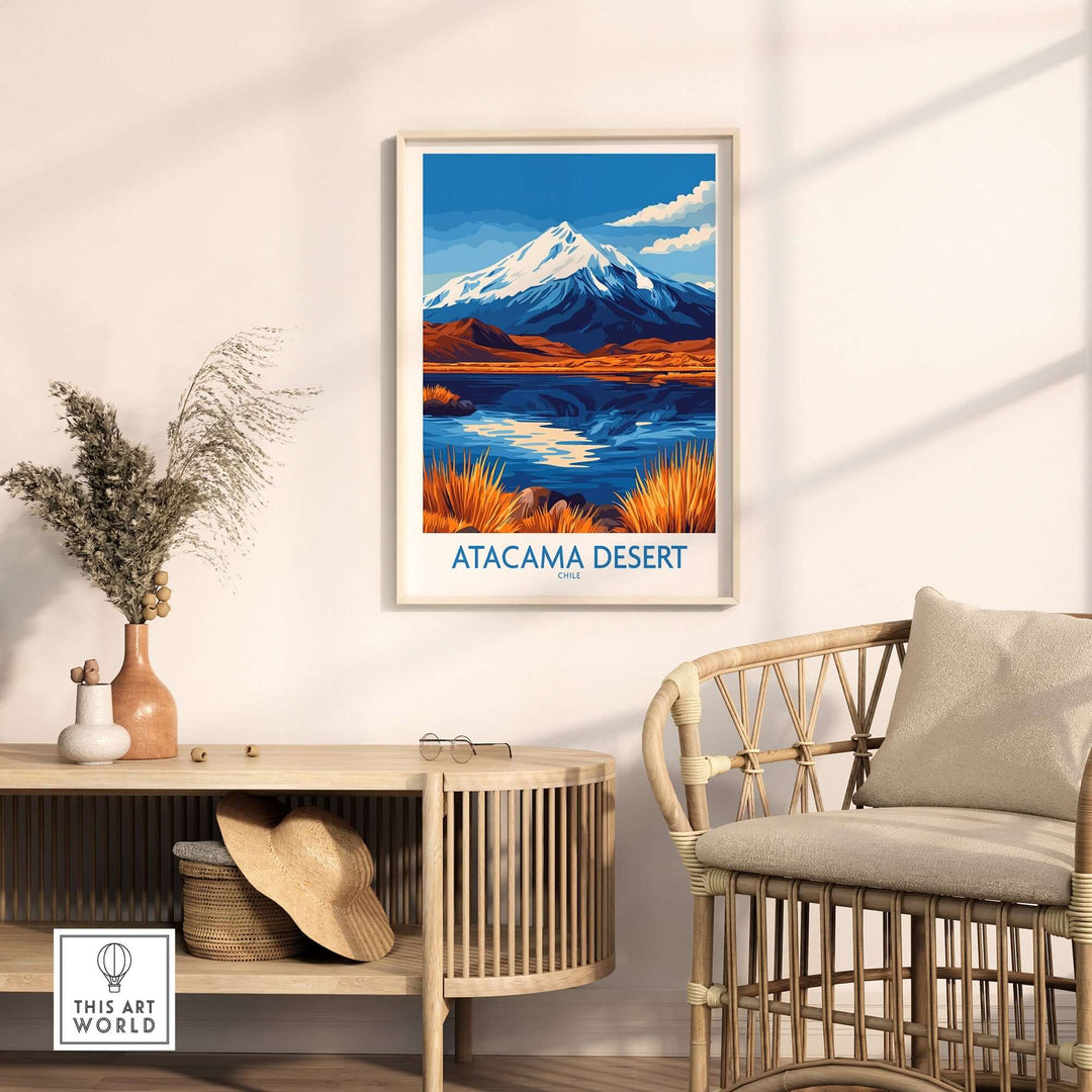 Atacama Desert travel poster showcasing stunning landscapes and vibrant colors, displayed in a modern living room setting.