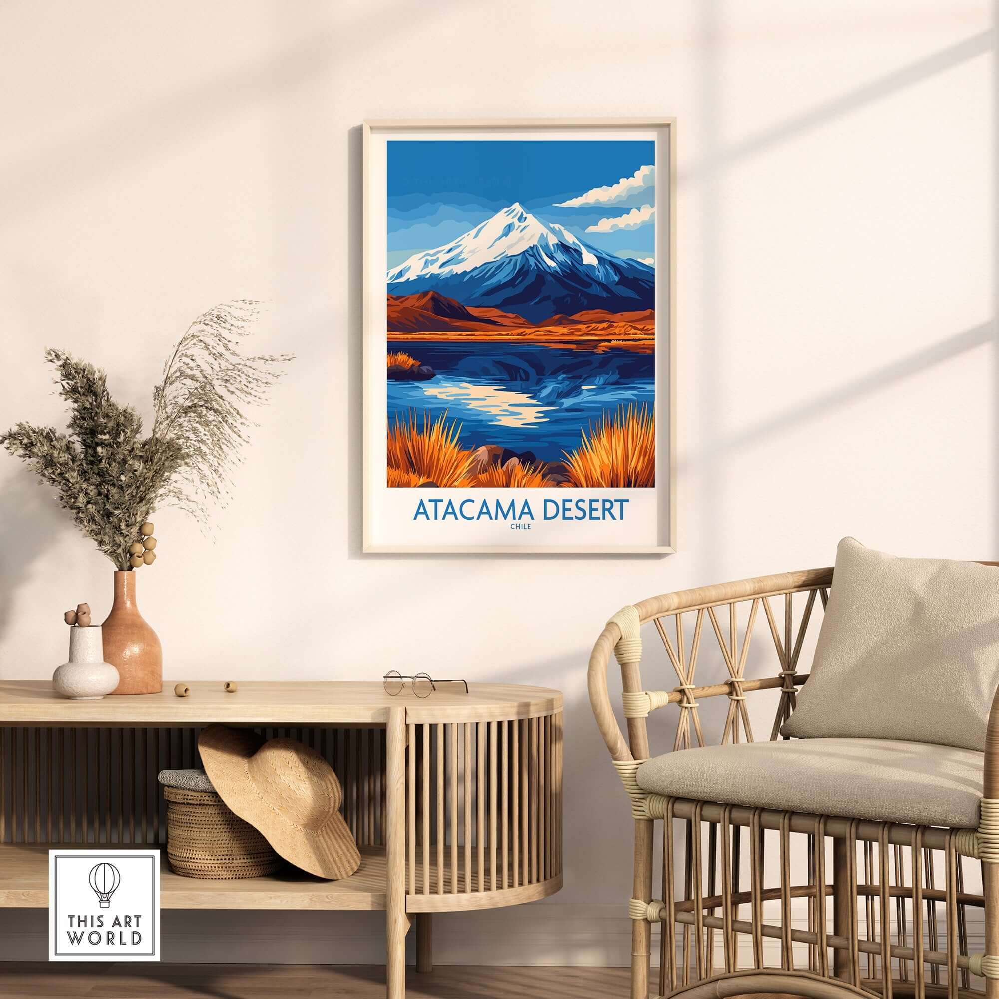 Atacama Desert Chile Travel Poster showcasing stunning landscapes and vibrant colors of Chile's Atacama Desert.